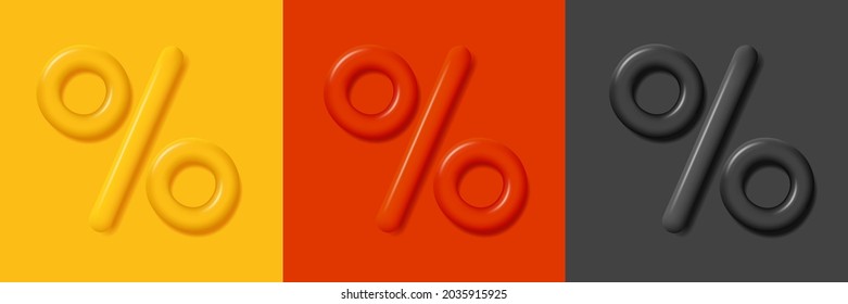 Set of 3d icon of percent symbol, rounded symbol mono chrome colors, red yellow and black, modern render style