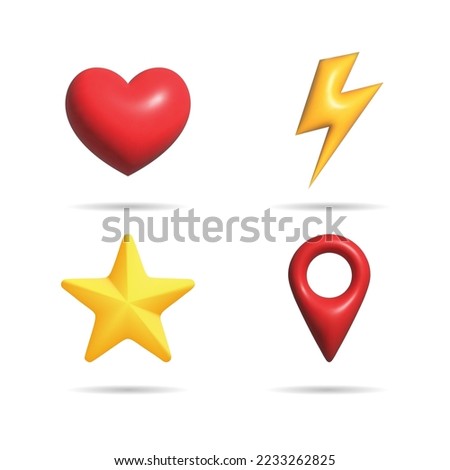 Set 3d icon, red heart, stars or rating, lightning, thunderbolt, mark location. 3d render design. Isolated on white. Realistic symbol. Vector illustration cartoon style. 3d rendering design.