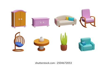 Set of 3D icon vector illustrations of colorful furniture items. Includes wardrobe, cabinet, sofa, rocking chair, hanging chair, table, plant, and armchair. Bright and playful design for home decor.