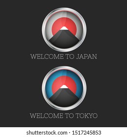 Set 3d icon Welcome to Japan and Tokyo mount Fuji logo with the rising sun logo, travel emblem sticker