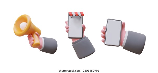Set of 3D icons about announcements, promotions, sales. Man hand holds horn speaker, smartphone with striped canopy. Symbol of online shop offer. Push notification icons. Phone with blank screen