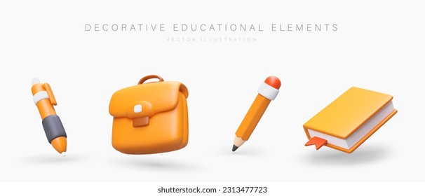 Set of 3D icons, accessories for learning. Ballpoint pen, briefcase, pencil, book. Vector illustration on white background. Signs of education, nobility, development. Cute plasticine style