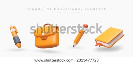 Set of 3D icons, accessories for learning. Ballpoint pen, briefcase, pencil, book. Vector illustration on white background. Signs of education, nobility, development. Cute plasticine style
