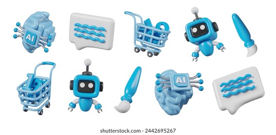 Set of 3D icons for AI service. Vector blue objects in different positions