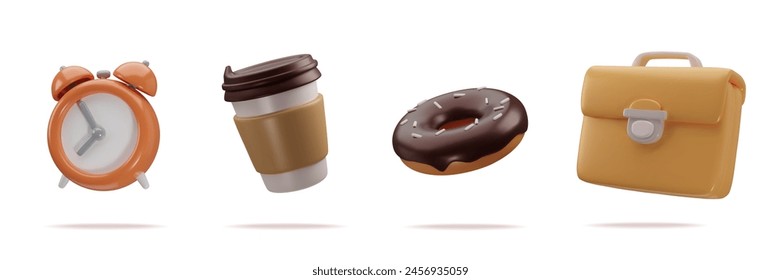 Set of 3d icons alarm, morning coffee with sweet tasty donut and briefcase. Concept for morning takeaway coffee on the way to work. Have a break sign. Vector illustration