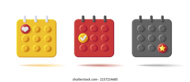 Set of 3d icons of calendar with dates marked with heart star or tick. Vector illustration