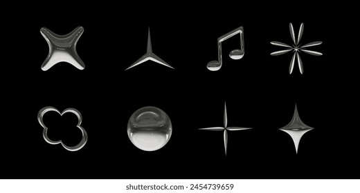 Set of 3d icons with chrome effect in y2k style. Vector illustration for retro futuristic design