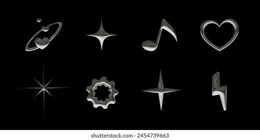 Set of 3d icons with chrome effect in 2000s style. Vector illustration for retro futuristic design