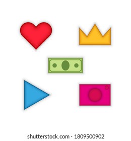 Establecer iconos en 3d concepto de aplicación social de burla, señas de corazón, corona, video, foto