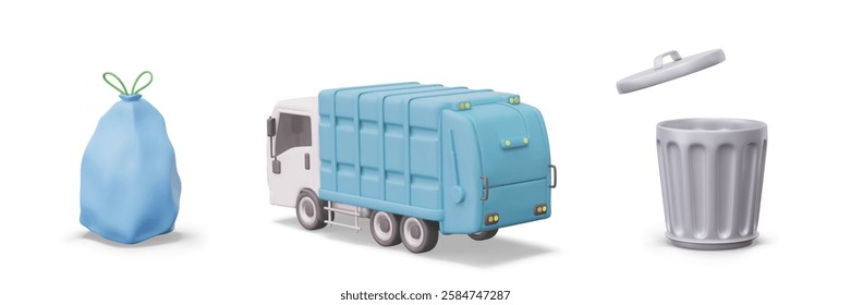 Set of 3D icons for concept of throwing away and removing garbage. Services of communal services. Garbage bag, metal open container with lid, garbage truck