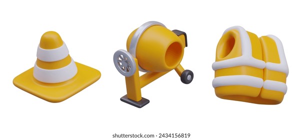 Set of 3D icons for construction business. Yellow signal cone, concrete mixer, builder vest