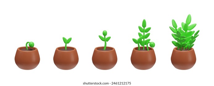 A set of 3D icons depicting the growth stages of a plant in terracotta pots, from sprouting seed to flourishing foliage, as a vector illustration ideal for educational and gardening themes.