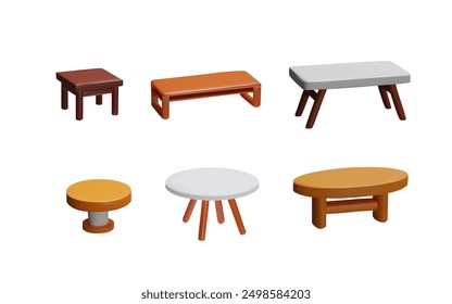 Set of 3D icons depicting various table designs. Includes round, square, oval, and rectangular tables in orange, brown, and white. Modern and minimalist style. Vector illustration set.