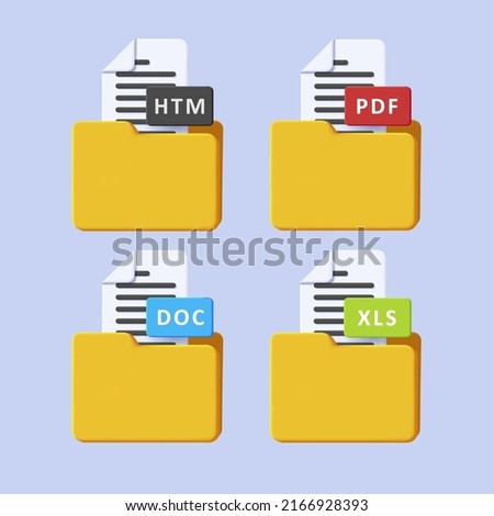 Set of 3d icons of file format documents in folder