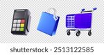 Set 3d icons of finance, Bank, Financial services, Business and financial concept. Payment Terminal, Shopping Bag and Shopping Cart. Eps 10 Vector.