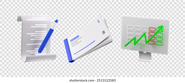 Set 3d icons of finance, Bank, Financial services, Business and financial concept. Contract and Pen, Financial Check and Computer Screen. Eps 10 Vector.
