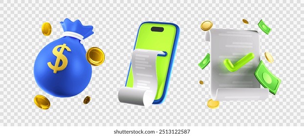 Set 3d icons of finance, Bank, Financial services, Business and financial concept. Coin Bag, Phone payment success and Financial Contract. Eps 10 Vector.