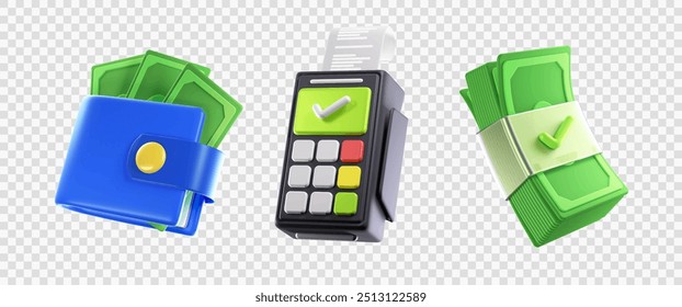 Set 3d icons of finance, Bank, Financial services, Business and financial concept. Wallet, Payment Terminal Success and Money Stack. Eps 10 Vector.