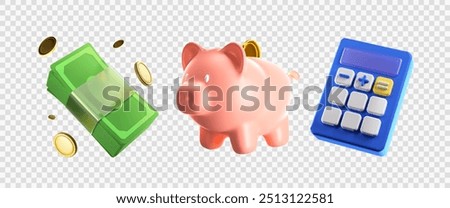 Set 3d icons of finance, Bank, Financial services, Business and financial concept. Stack of Money, Piggy Bank and Cute Calculator. Eps 10 Vector.