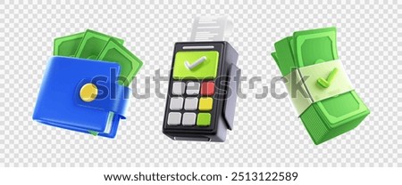 Set 3d icons of finance, Bank, Financial services, Business and financial concept. Wallet, Payment Terminal Success and Money Stack. Eps 10 Vector.