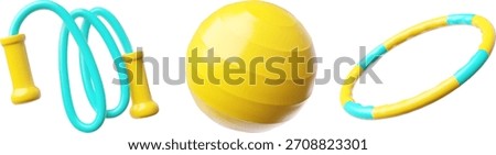 A set of 3D icons with a fit ball, jump rope, and hula hoop, yellow and blue, fitness equipment. Sports, fitness, health, and lifestyle themes. Energy, strength, and shape. Vector illustration.