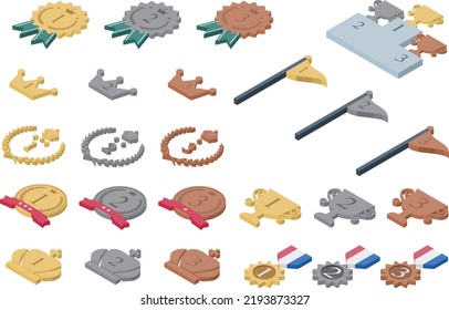 Juego de íconos 3D de trofeos de oro, plata y bronce, podios, medallas, coronas de laurel, coronas y banderas. Sin líneas principales, isométricas superiores. Material vectorial con colores cambiables.
