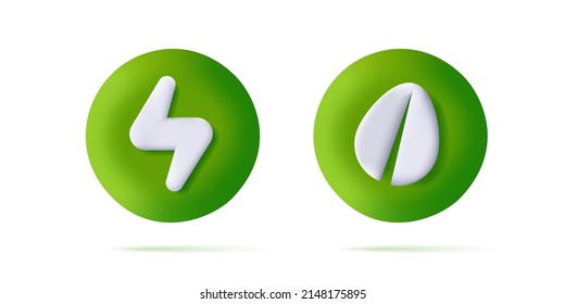 Set of 3d icons for green eco with leaf and energy sign. Vector illustration