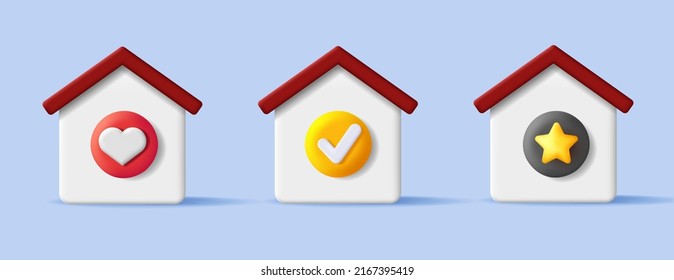 Set of 3d icons of house with different symbols as heart an star