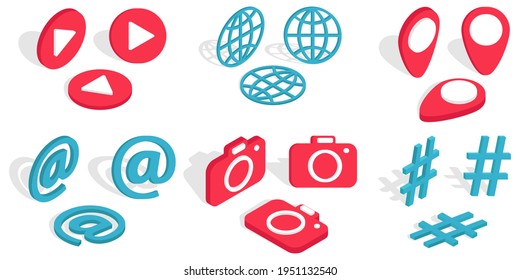 A set of 3D icons .Isometric vector illustration.Different symbols used in social networks and in web design in different angles.For different types of design.
