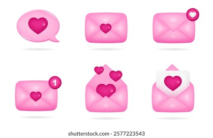 Set of 3d icons. Light pink envelope with hearts flying out of it. Love letter. Speech bubble. New message.