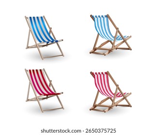 Conjunto de iconos 3D en la parte delantera y trasera de una tumbona de rayas rojas y azules. Tumbona de madera Ilustración vectorial realista Separar el artículo de la colección de vacaciones de la playa.