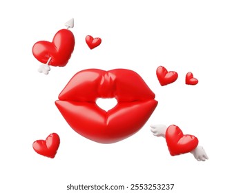 A set of 3D icons on the theme of love in the form of balloons in the shape of hearts with wings and arrows, and lips reflecting the spirit of Valentine's Day.