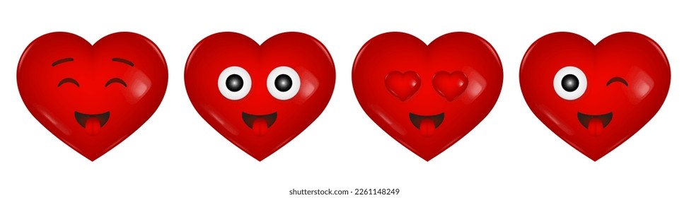 Set of 3d icons. Red hearts with smiling faces. Happy cartoon character. Heart-shaped eyes. In love smile. Laughing face showing tongue. Wink