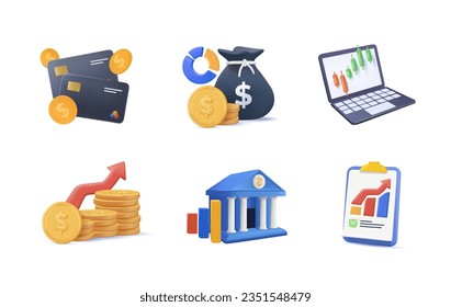 Conjunto de Iconos 3D Relacionados con la estrategia de inversión, servicio comercial, gestión financiera. Pictogramas de interfaz de usuario 3D y elementos de diseño de infografías. Éxito empresarial