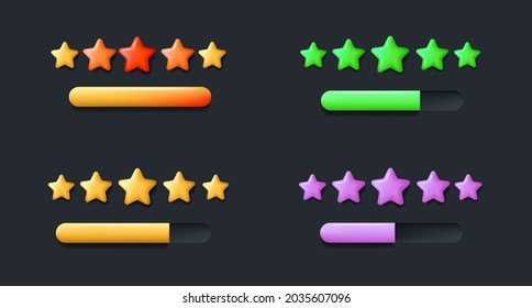 Set of 3d icons for review user interface element with stars and bar
