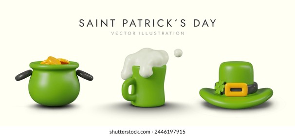 Conjunto de iconos 3D para San Patricio. Maceta verde con monedas, taza con bebida espumosa, sombrero de duende