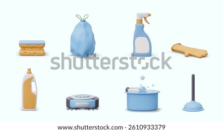 Set of 3D icons for store of detergents, accessories, household electrical appliances. Sponge, garbage bag, rubber glove, robot vacuum cleaner, bucket with soapy foam, plunger. Plastic bottle, spray