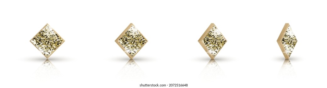 Set of 3d icons suit of diamonds with golden glitter isolated on white background. The suit of playing cards is rotated at different angles. Vector symbols for casino, apps and websites or game design
