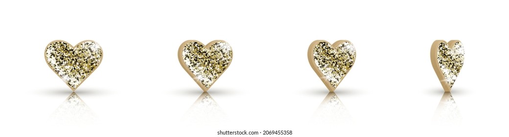 Set of 3d icons suit of hearts with golden glitter isolated on white background. The suit of playing cards is rotated at different angles. Vector symbols for casino, apps and websites or game design.