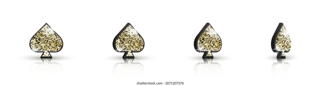 Set of 3d icons suit of spades with golden glitter isolated on white background. The suit of playing cards is rotated at different angles. Vector symbols for casino, apps and websites or game design.