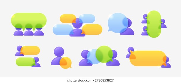 Set 3D icons of talking people. Avatars profiles with dialogue chats symbol