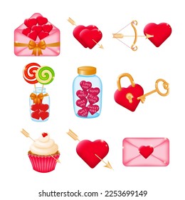 Set of 3D icons for Valentine's Day on a white background. Heart love symbols, love message, red heart lock with key, cupid's bow and arrow, jar of hearts. Vector illustration.