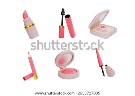 set of 3d icons in vector. Facial cosmetics: lipstick, mascara, shadow, pencil, blush, eyeliner all for makeup. on a white isolated background