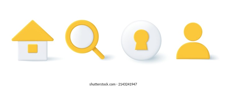 Set of 3d icons for the website. Home, magnifier, user, personal account, keyhole. Vector clipart isolated on white background.