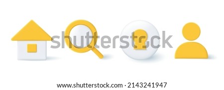 Set of 3d icons for the website. Home, magnifier, user, personal account, keyhole. Vector clipart isolated on white background.