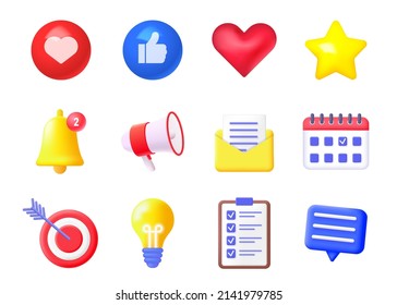 Set of 3D icons for website isolated on white background. Concept of social networks. Vector illustration.