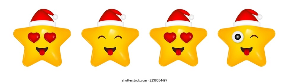 Set of 3d icons. Yellow stars with smiling faces. Happy cartoon character. Christmas hat. Happy New Year. Heart-shaped eyes. In love smile. Red hearts. Laughing face showing tongue. Wink