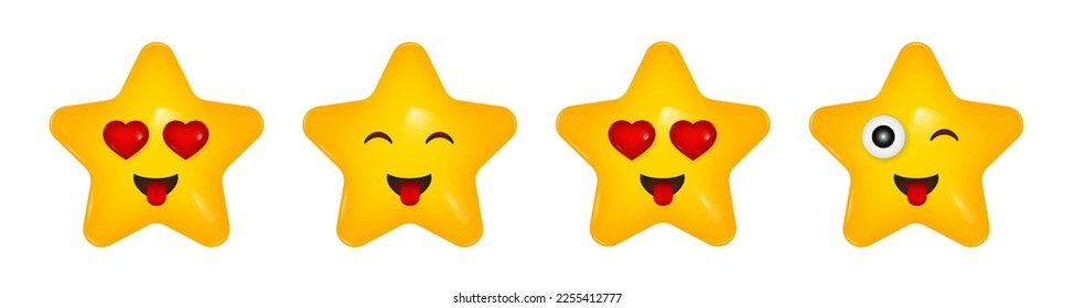 Set of 3d icons. Yellow stars with smiling faces. Happy cartoon character. Heart-shaped eyes. In love smile. Red hearts. Laughing face showing tongue. Wink