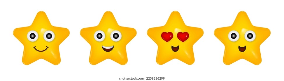 Set of 3d icons. Yellow stars with smiling faces. Happy cartoon character. Heart-shaped eyes. In love smile. Red hearts. Laughing face 