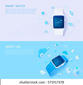 set of 3d illustration concept for smart watch and smart life surrounded by 3d and thin-line icon,isolated on bright grey and bright blue.